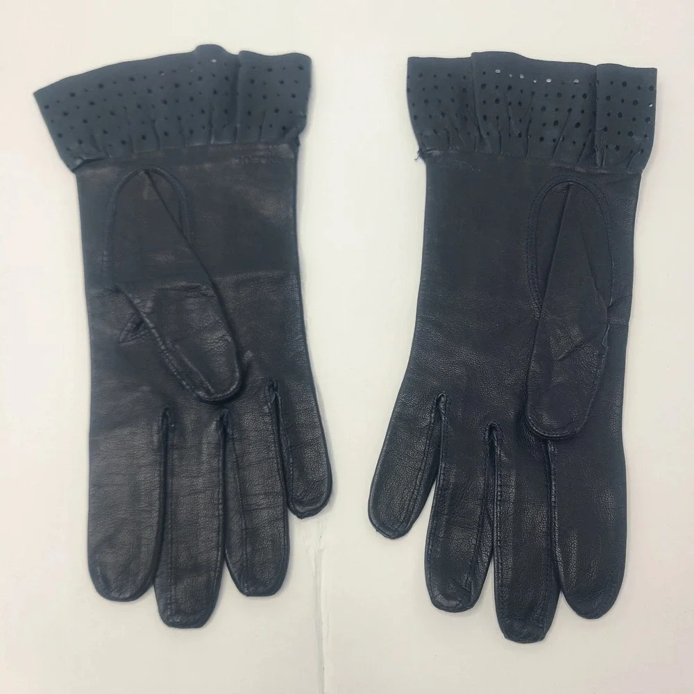 Vtg ROECKL Black Soft Leather Gloves 7 Perforated Ruffled Wrist Luxury Coquette